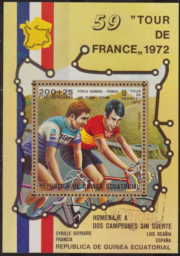 z vendido Guinea Ecuatorial 1972 Sello Ciclismo Tour de Francia Luis Ocaña y Cyrille Guimard 200 + 25pts Guinee Equatoriale